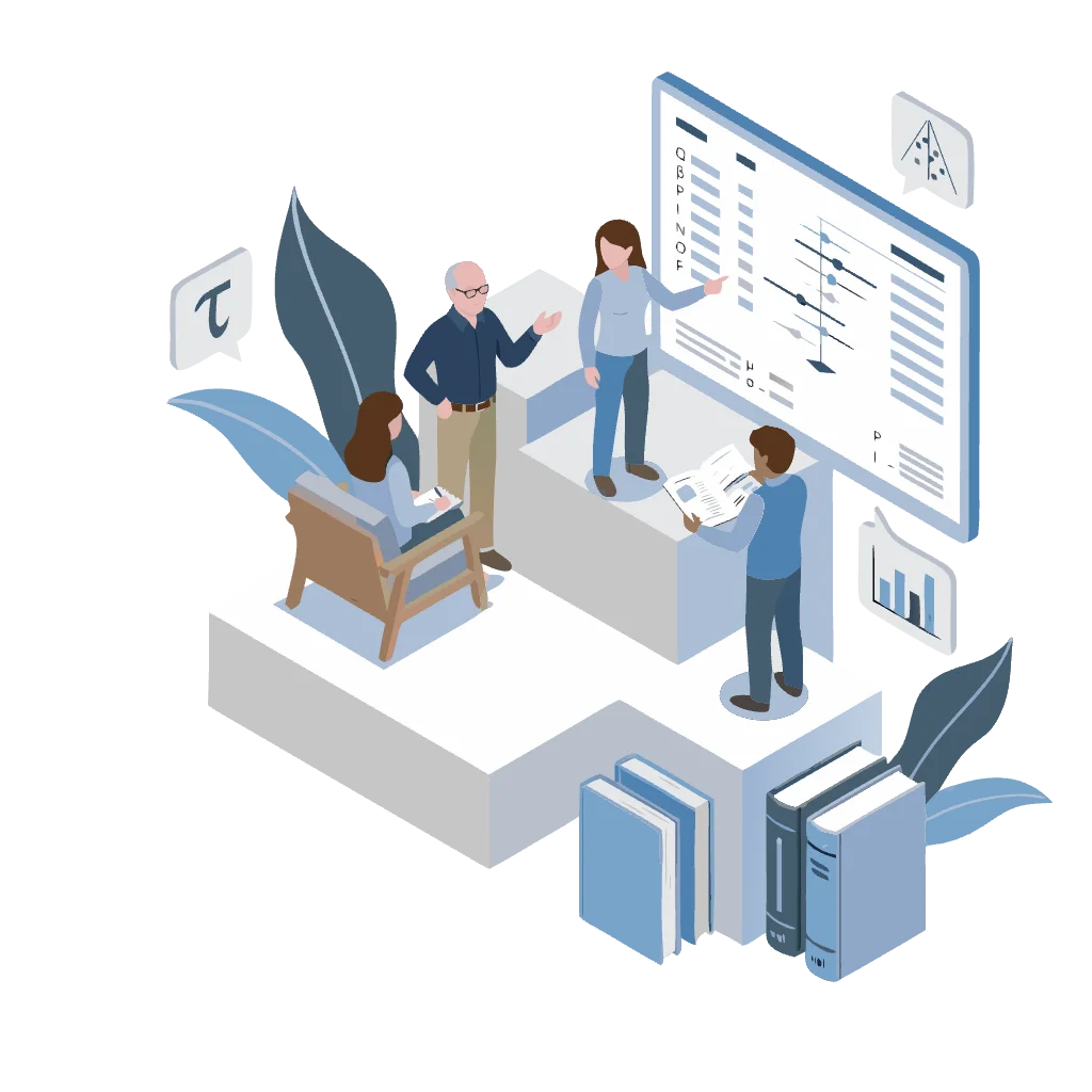 Illustration of researchers collaborating around meta-analytic data
